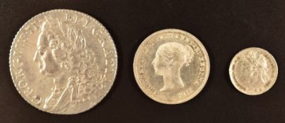 George II 1758 shilling, George IV 1828 Maundy penny, together with Queen Victoria 1838 Maundy