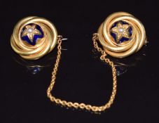 Victorian matching pair of knotted brooches/ cloak pins set with split pearls and blue enamel, 2.