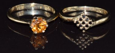 Two 9ct gold rings, one set with black diamonds the other citrine, 4.2g, size M