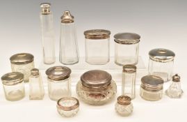 Fifteen hallmarked silver mounted cut glass items including dressing table pots, length of longest