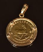 A 1982 1/10 Krugerrand in 9ct gold pendant mount, 4.1g
