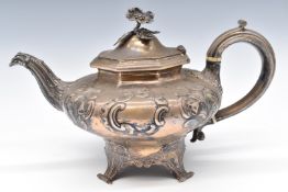 Victorian hallmarked silver teapot with embossed decoration and floral finial, London 1838, maker