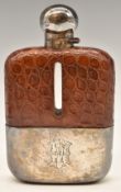 George V hallmarked silver hip flask, the glass flask with crocodile skin covering, hinged bayonet