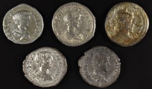 Roman Imperial coinage The Severan Dynasty AD193-235 Geta five various silver Denarius, largely bare