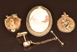 A 9ct gold brooch set with a cameo, 9ct gold tie pin, 9ct gold St Christopher and 9ct gold charm