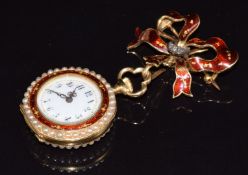Edwardian yellow metal ladies fob watch set with red enamel, rose cut diamonds and seed pearls, on