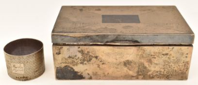 White metal cigarette box with engine turned decoration, marked to rear Barton Silver, weight 400g