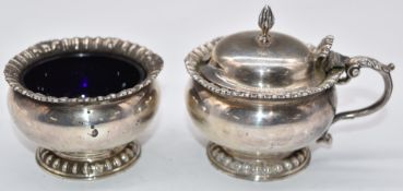 Elizabeth II hallmarked silver mustard and salt with blue glass liners, London 1966, maker William
