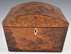 Regency satinwood / birchwood domed work box decorated with classical scenes, W23 x D21 x H14cm