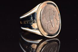 Georgian 9ct rose gold mourning ring set with black and white enamel reading 'Robert Young OB 3rd