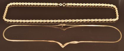 A 9ct gold rope twist necklace and a 9ct gold ribbon necklace, 8.8g