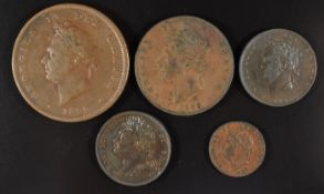 Five copper coins of George IV comprising an 1826 penny and halfpenny, two farthings 1822 and 1828