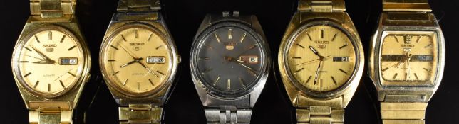 Five Seiko 5 gentleman's automatic wristwatches comprising four gold plated examples ref. 6309-8970,