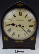 19thC mitre cased clock with boxwood stringing and brass inlay and ring handles to sides, the