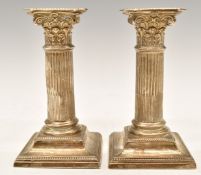Victorian pair of hallmarked silver Corinthian column candlesticks, Sheffield 1882, maker