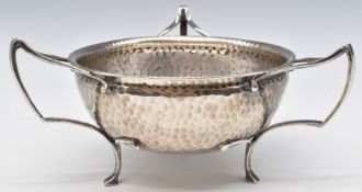Arts & Crafts hallmarked silver three handled bowl with hammered decoration, Birmingham 1906,