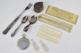 Hallmarked silver spoons, horn box, folding ivory rule, mother of pearl fish gaming counters etc.
