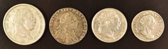 George III 1787 shilling with a 1762 threepence, together with two bull head examples comprising