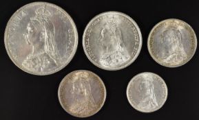 Five Victorian silver coins comprising Jubilee head florin (NEF), an 1887 shilling (EF), a