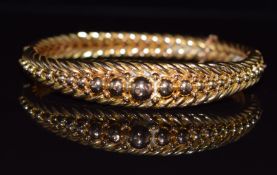 Victorian 15ct gold bangle with rope twist and sphere decoration, 21.6g, 5.8 x 5cm