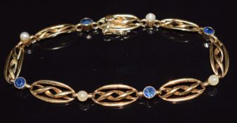 A 15ct gold bracelet set with round cut sapphires and pearls, 16cm long, 10.3g
