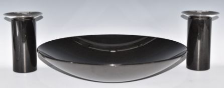 Pair of hallmarked silver mounted turned obsidian / granite candlesticks and matching pedestal bowl,