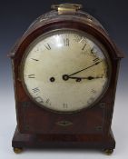 19thC arch cased mahogany mantel clock with brass inlay, the painted Roman dial on double fusee