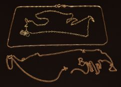 Two 9ct gold necklaces/ section of chain, 9g