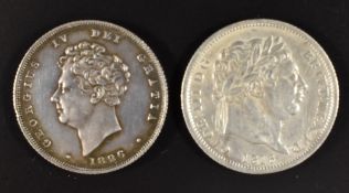 George III 1816 shilling, Seaby 3790 (GVF) and a George IV 1826 example, base head, lion on crown,