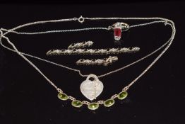 A silver necklace set with peridot, silver necklace marked Tiffany & Co, Art Deco 9ct gold and