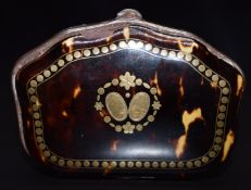 Late 19th/early 20thC French gold inlaid metal bound piqué purse with fitted interior, 5.2 x 7.2cm