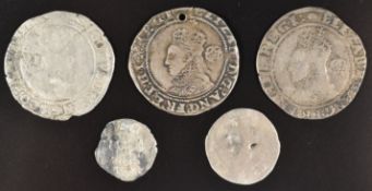 Five hammered silver coins to include Edward III penny (poor), Edward III halfpenny, two Elizabeth I