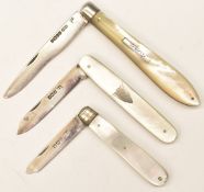 Three Victorian and later hallmarked silver bladed mother of pearl folding fruit knives, Sheffield