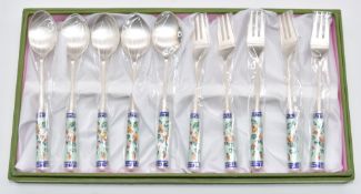 Chinese white metal guilloché enamel handled fork and spoon set, in original box with certificate