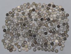 A large collection of silver threepenny pieces etc, largely pre 1920, approximately 390g