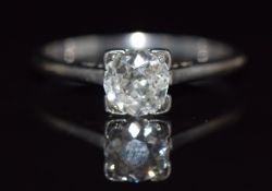 A platinum ring set with an old cut diamond of approximately 0.8ct, 2.7g, size P