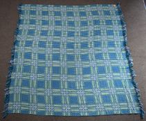 Vintage/retro Welsh white, green and blue wool tapestry blanket with label 'Made in Wales, A Dyffryn