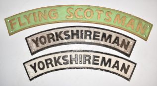 Three cast iron railway interest nameplates, one Flying Scotsman and two Yorkshshireman, length of