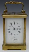 Brass cased repeating carriage clock with subsidiary alarm dial, H17cm