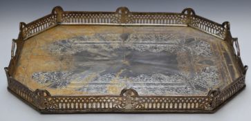 Large twin handled plated galleried tray, W60 x D45 x H8cm