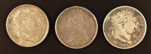 Two George III bull head sixpence and a Queen Victoria Jubilee 6d