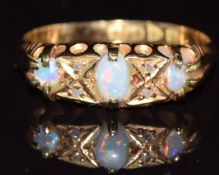 Edwardian 18ct gold ring set with opals and diamonds, Chester 1902, 2g, size M