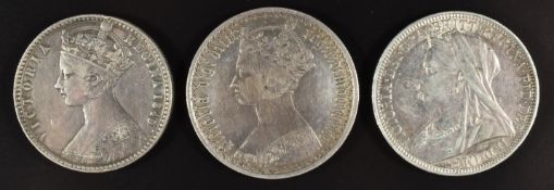 Three Victorian florins comprising a godless 1849, Seaby 3890 (NVF), a Gothic type B3, Seaby 3893 (