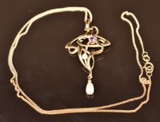 A 9ct gold Art Nouveau style pendant set with an amethyst and pearls, with chain, 4.4g
