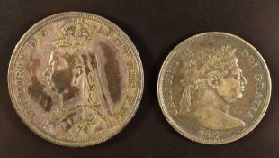 George III 1817 bull head half crown and an 1887 Victorian crown