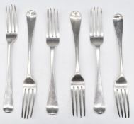 Six Georgian and William IV hallmarked silver Hanoverian or Old English pattern table forks, three