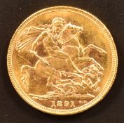 Queen Victoria 1891 Jubilee head gold full sovereign