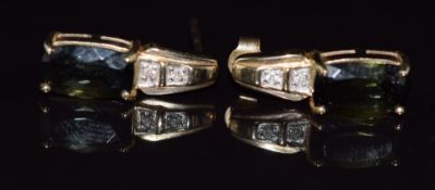 A pair of 9k gold earrings set with green tourmaline and diamonds, 3.4g