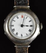 Unnamed silver military style gentleman's wristwatch with blued hands, black Roman numerals, white