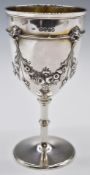Victorian hallmarked silver gilt goblet with floral swag and lion mask decoration, London 1864,